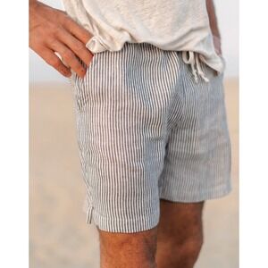 Alex Crane Bo Shorts Men's Size S 100% Linen Blue Striped Drawstring Casual EUC